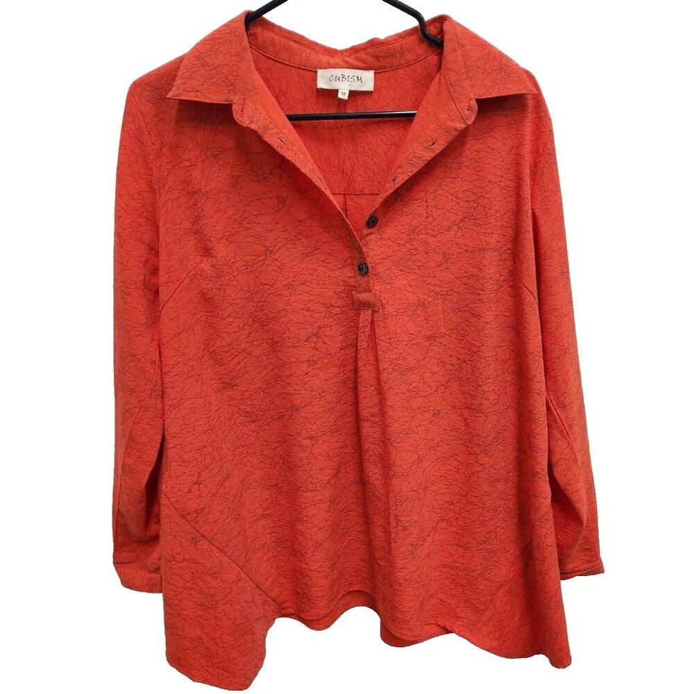 Cubism Womens Lagenlook Tunic Top‎ Medium Red Printed Sharkbite Artsy
